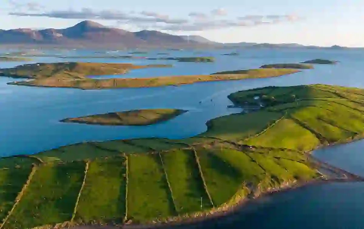 Aerial view of Croagh Patrick and Clew Bay