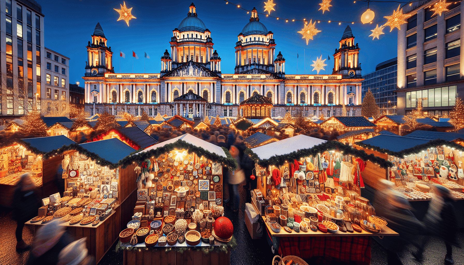 Belfast Christmas Market with a view of Belfast City Hall