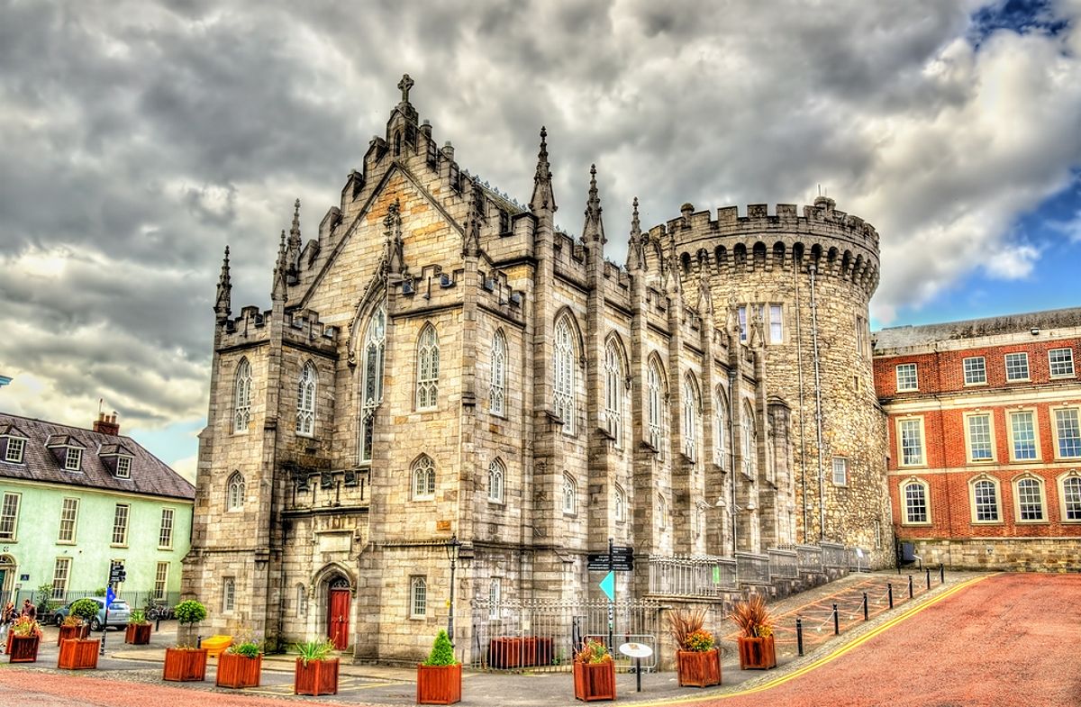 Dublin Castle surrounded by flowers