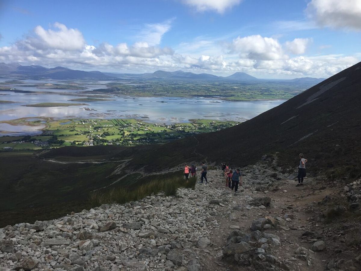 Group of hikers on the rocky trail to Croagh Patrick