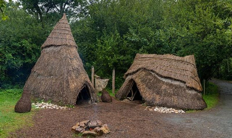 Huts at the Irish National Heritage Park in County Wexford, close to Rosslare