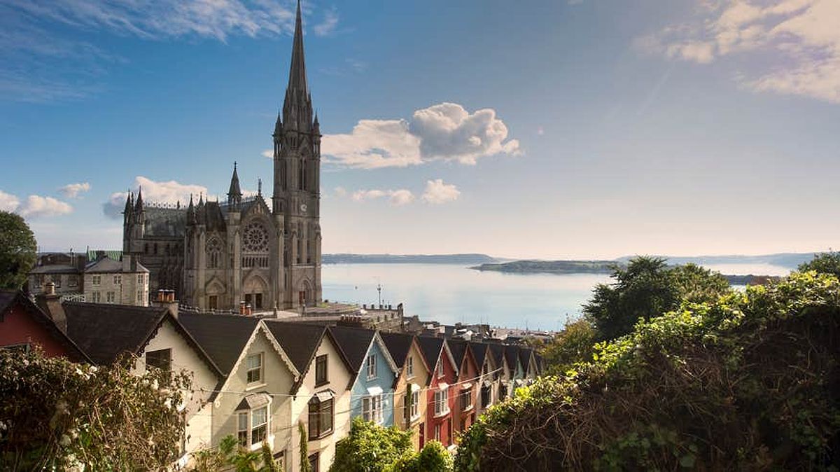 St. Colman's Cathedral and colorful houses